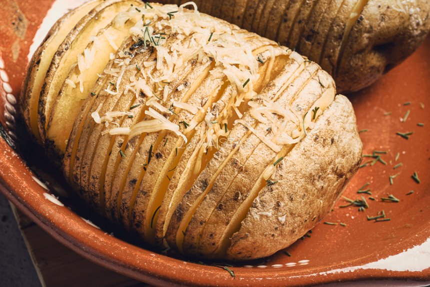 Keptų bulvių “armonikos” su sūriu ir sviestu